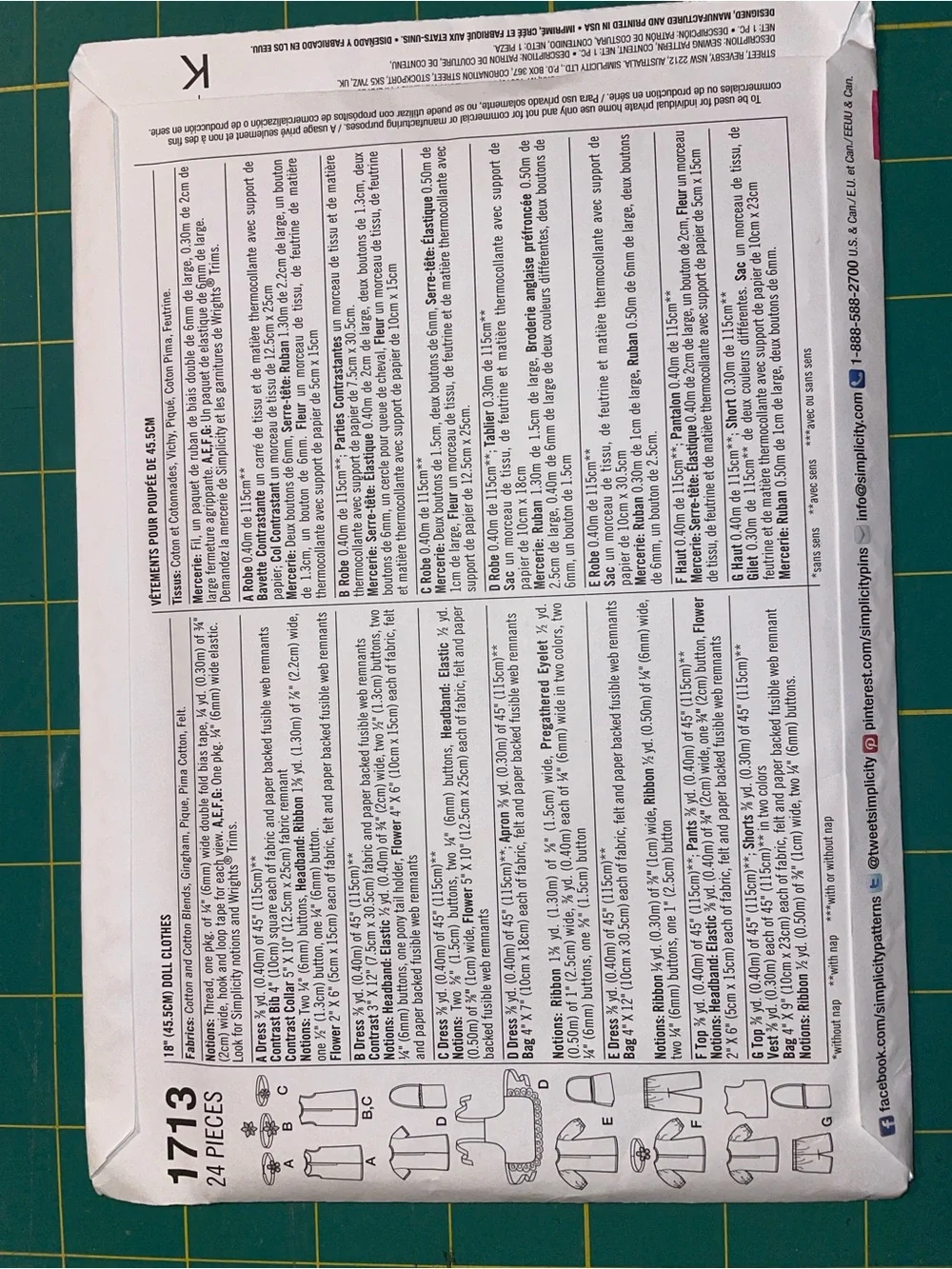 Simplicity 1713 Doll Clothes Pattern for 18 inch dolls